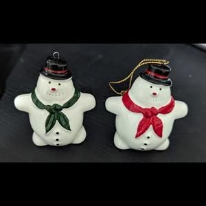 Matching White Snowman With Red And Green Scarfs Ornament Set of 2